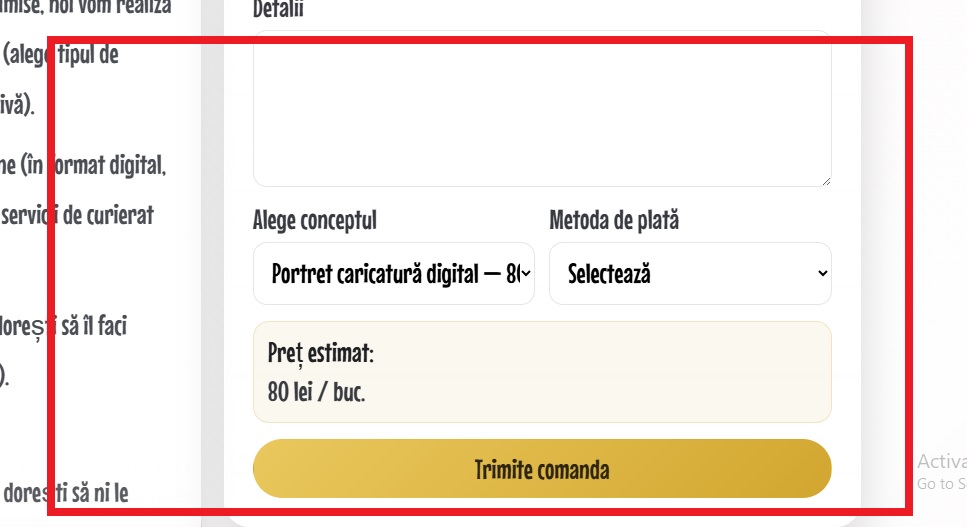 Pasul 3 - varianta selectată automat în formularul de comandă